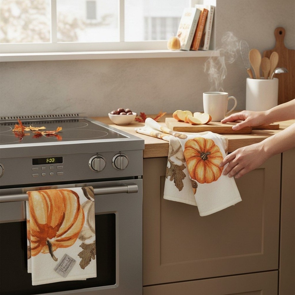 Haymarket Square Kitchen Towels Set of 2 OS Orange Cream New Pumpkin Fall Decor